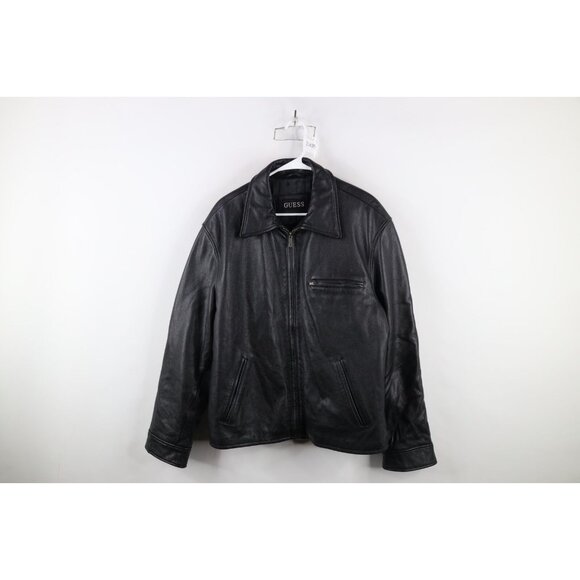 Vintage Y2K Guess Mens Large Quilted Heavyweight Leather Collared Jacket Black